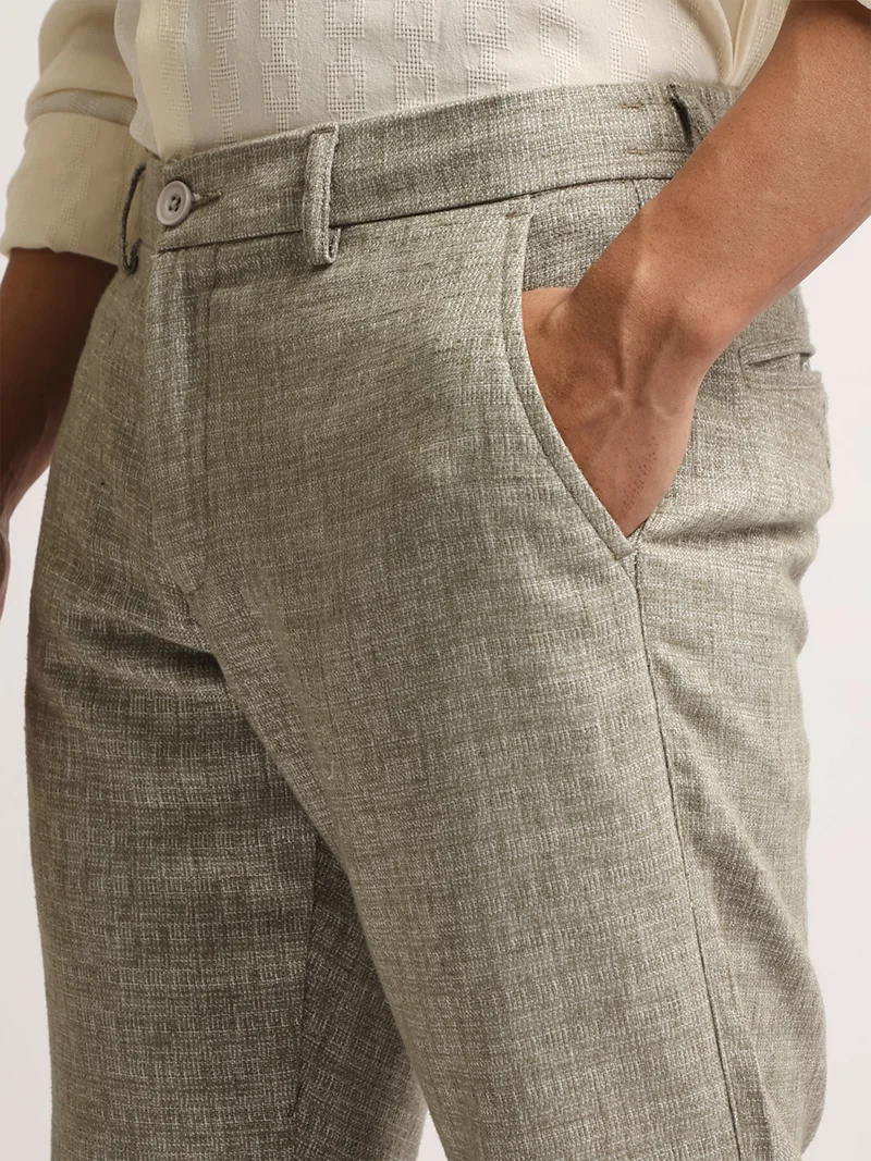 Maniac  Maniac Mens Solid Olive Elastic Linen Cotton Blend Trouser for Men | Best Price UAE